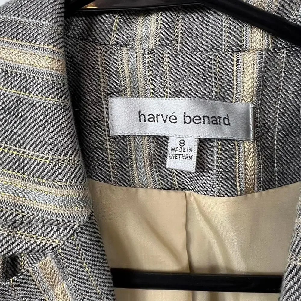 Harvé Bernard Gray & Gold Striped Linen Blend Tie Front Blazer, Size 8
